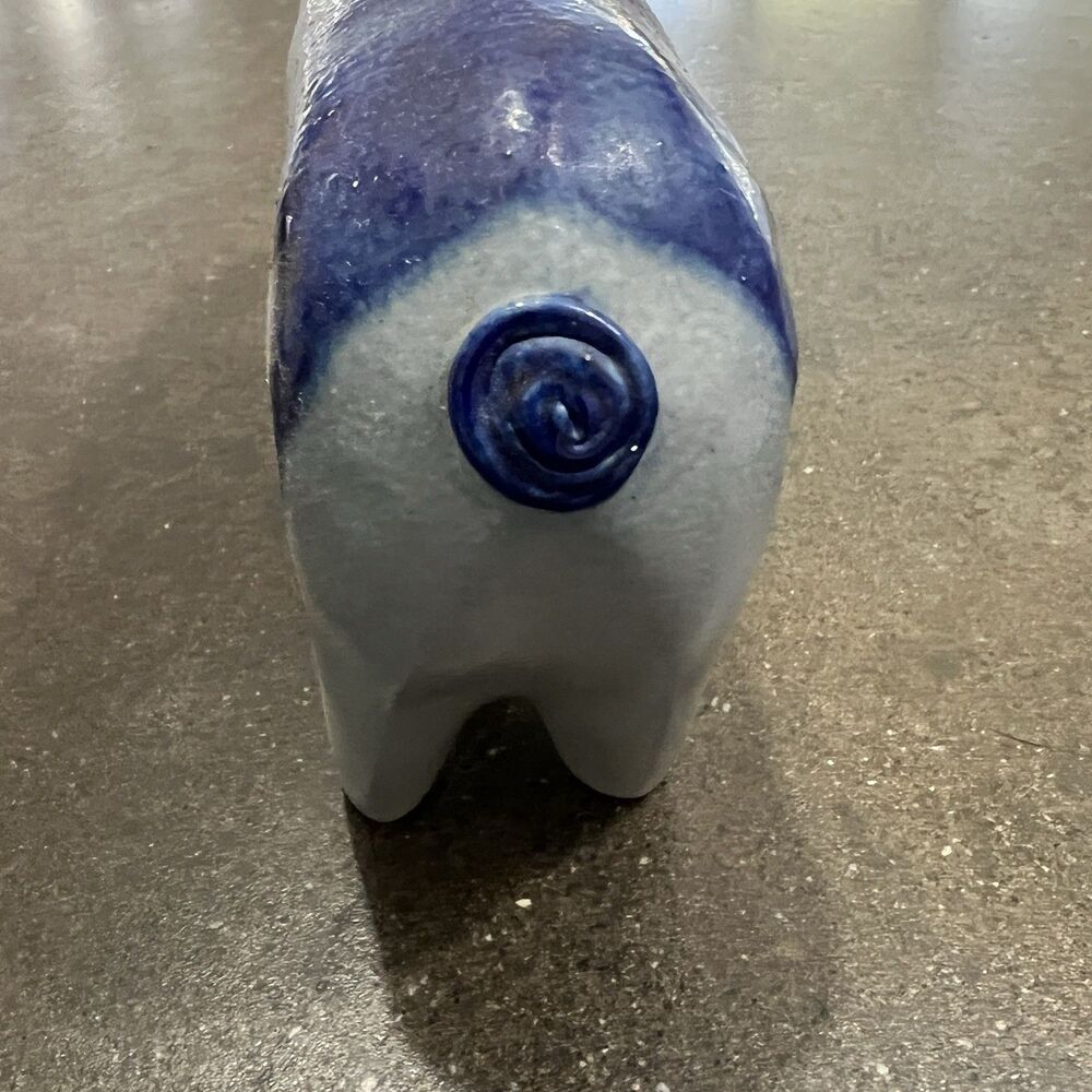 VTG Signed David ELDRETH SALT GLAZED Stonewear Pig COBALT BLUE ON GRAY - Picture 3 of 12
